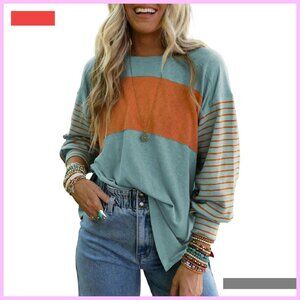 Oversized Long Sleeve Tunic Blouse Color Block Casual Round Neck
